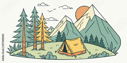 Summer camp concept. Camping landscape. Sunny day landscape illustration in flat style with tent, mountains and forest. Banner or poster for summer camp, nature tourism, camping, hiking, trek