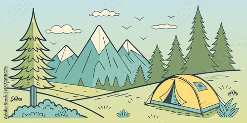 Summer camp concept. Camping landscape. Sunny day landscape illustration in flat style with tent, mountains and forest. Banner or poster for summer camp, nature tourism, camping, hiking, trek
