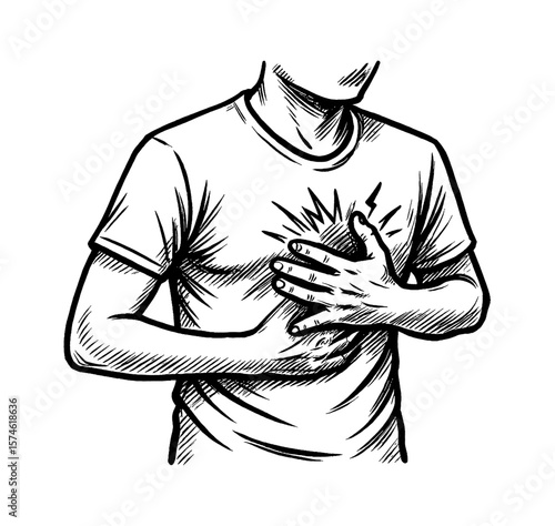 Man Holding Chest in Pain with Heart Attack Symptom in Detailed Black and White Line Art Drawing