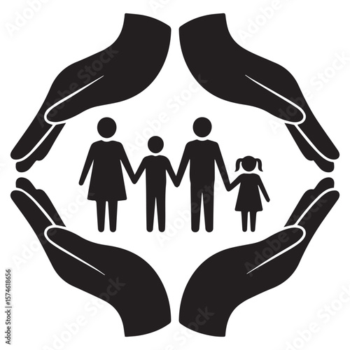 Stylized black silhouette of a family of four held safely within protective cupped hands forming a circle