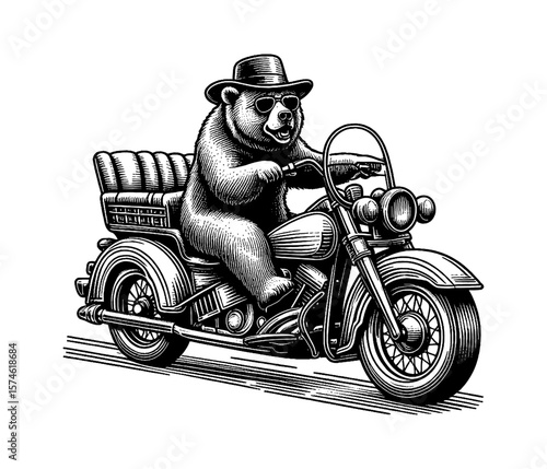 Bear wearing hat and sunglasses riding motorcycle in black and white detailed drawing