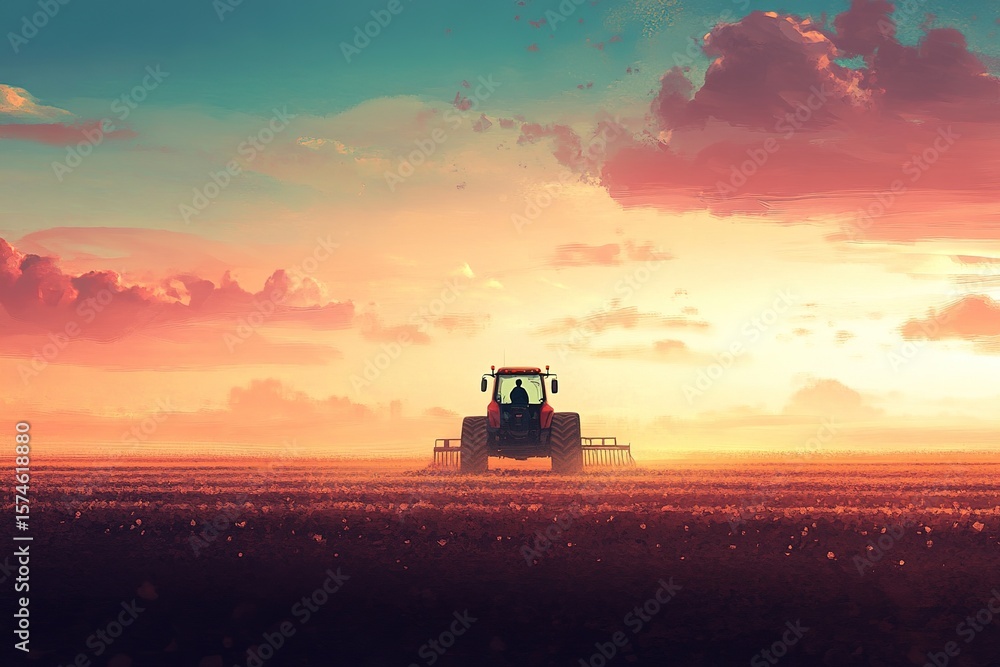 Fototapeta premium A small figure driving a large tractor to sow massive seeds in a vast field