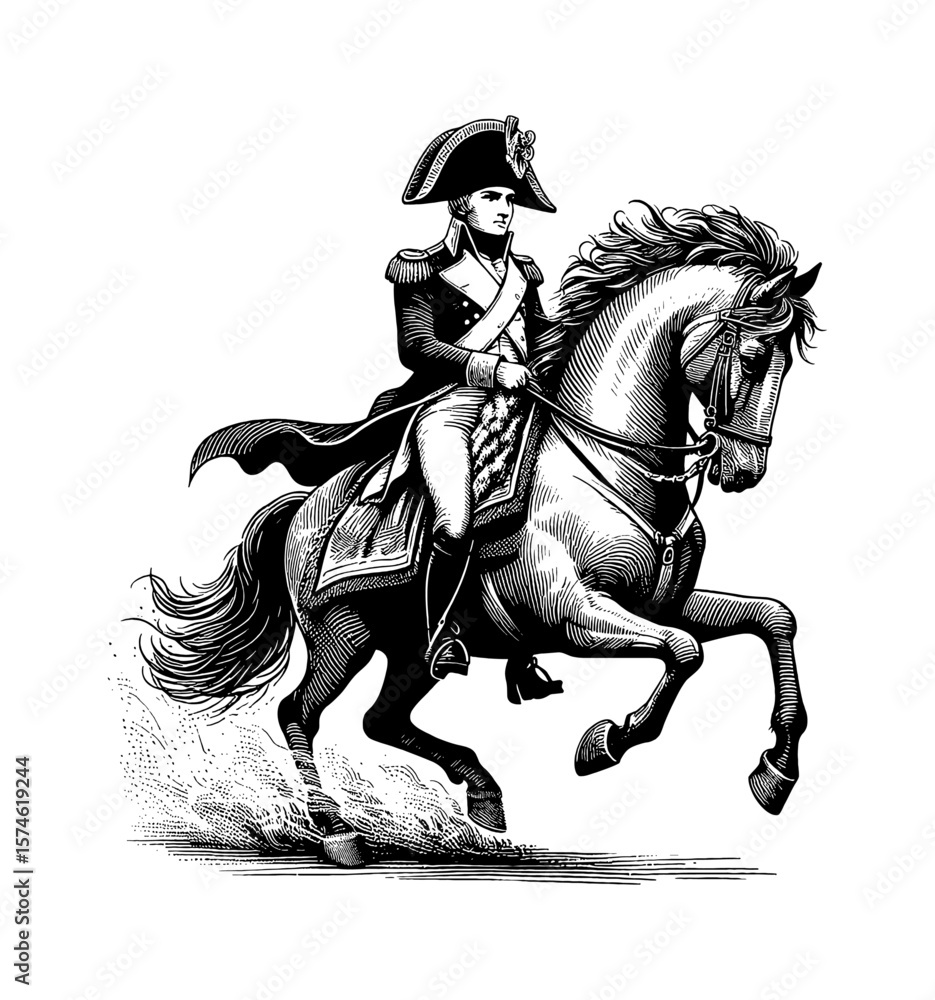 Fototapeta premium Napoleon Bonaparte Riding Horseback, Detailed Engraving of Historical Figure, Black and White Art