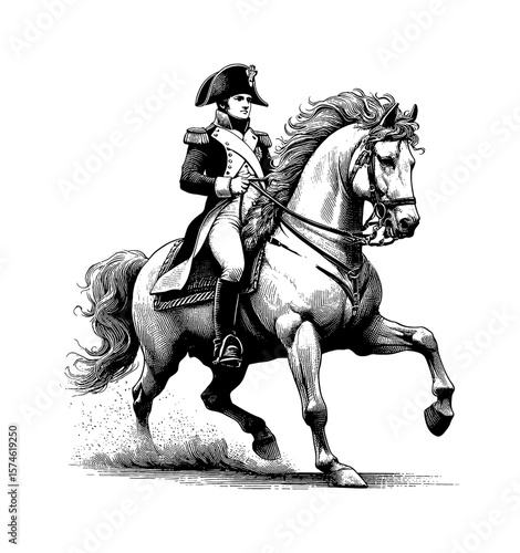 Engraved Illustration of Napoleon Riding a Horse, Detailed Black and White Line Art Drawing