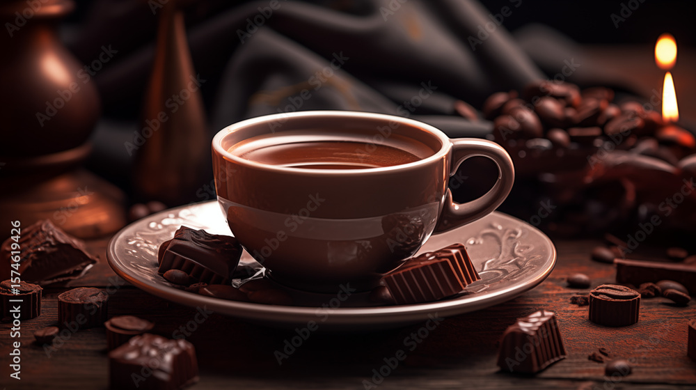 Fototapeta premium Warm Cup of Coffee with Chocolate Treat – Cozy Black Silhouette on White, Perfect for Café Menus, Dessert Branding, Autumn Moods, or Lifestyle Editorials