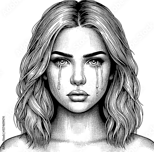 Sad Caucasian Woman Crying with Tears Flowing Down Her Face in Detailed Engraving Style Black and White