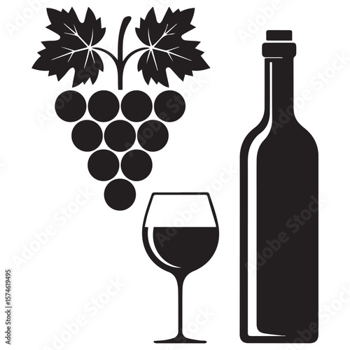 Stylized black silhouette of a wine bottle glass of wine and bunch of grapes with leaves on white background