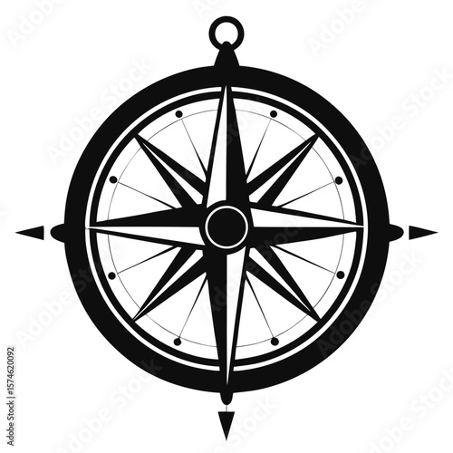 Black Silhouette of Compass with Detailed Markings – Navigation Icon, Directional Tool Vector, Vintage Travel Symbol, Nautical Map Element, Maritime Design, Adventure Graphic, Exploration Concept

