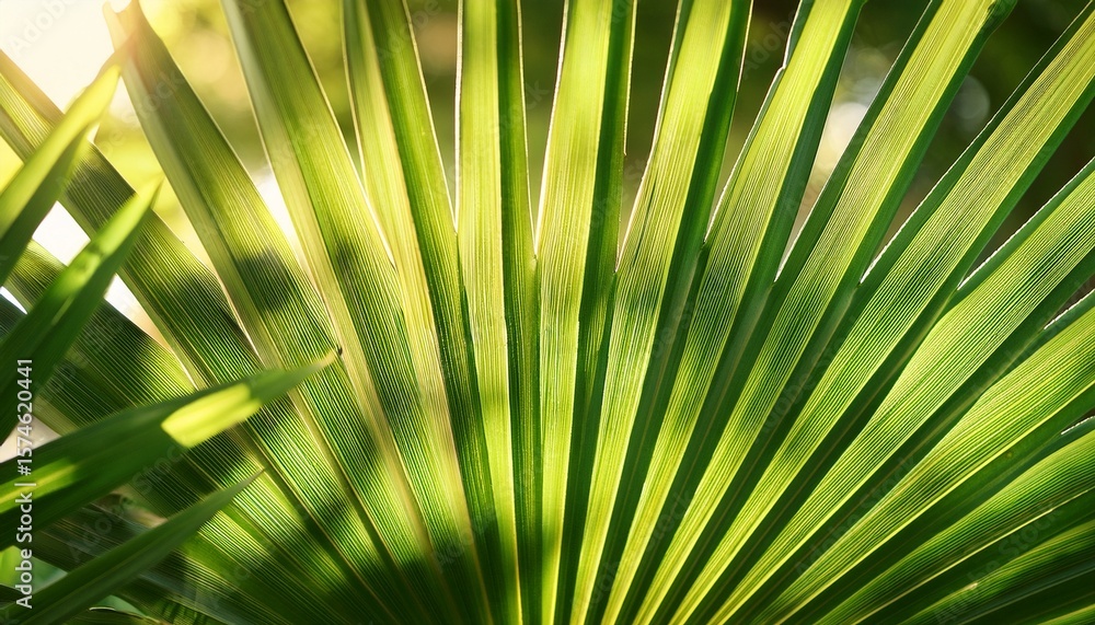 Fototapeta premium sunlit palm frond vibrant green leaves backlit by bright sunshine