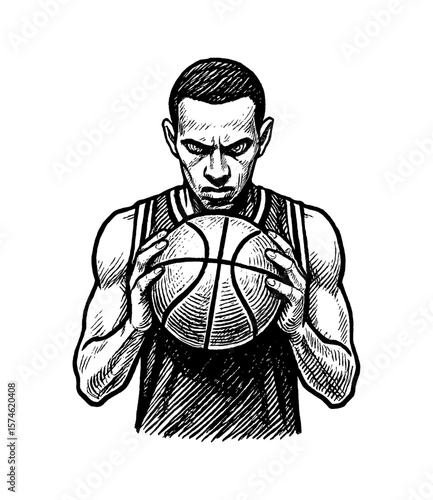 Determined African American Basketball Player Holding Ball with Intense Expression in Engraving Style