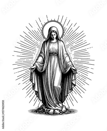 Engraved Illustration of Virgin Mary with Open Arms in Black and White with Rays