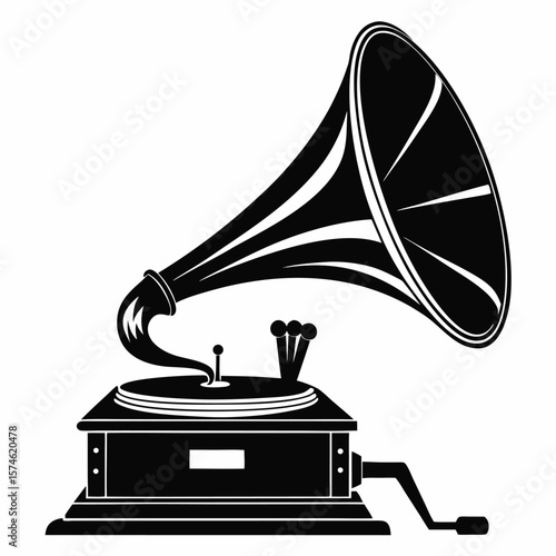 Classic black silhouette of a vintage gramophone with a horn