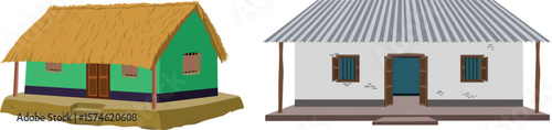 Traditional Indian Village Houses Vector – Rural Homes with Thatched and Tin Roofs, Mud and Brick Walls, Flat Design Architecture, Countryside Living, Cultural Vernacular Housing Clipart