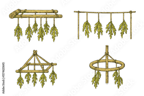 Unique bamboo drying racks displaying fresh leaves for culinary or decorative purposes in a rustic setting