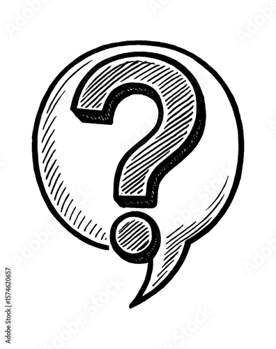 Hand Drawn Question Mark Inside Speech Bubble with Hatching Texture in Black and White
