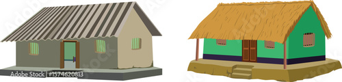 Traditional Indian Village Houses Vector – Rural Homes with Tin and Thatch Roofs, Mud Walls, Open Doors and Windows, Flat Design Vernacular Architecture, Cultural Countryside Clipart