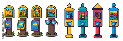 Exploring augmented reality landmarks with colorful informational kiosks at a historical site in a vibrant urban setting