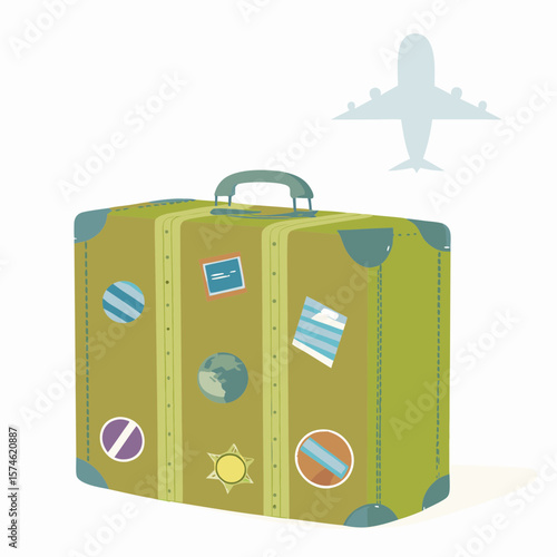 Vintage suitcase with travel stickers and airplane in background  