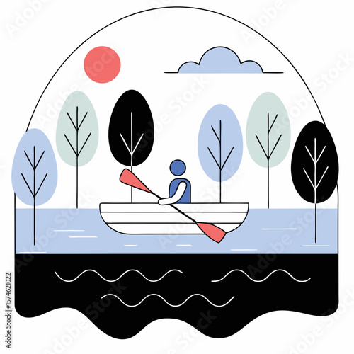 Person rowing boat on calm lake, minimalist illustration, pastel colors, for websites and blogs