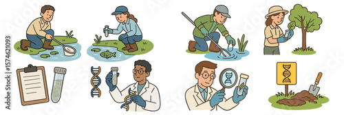 Scientists conducting field research on water quality and biodiversity in a natural area during daytime hours