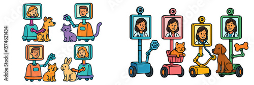 Robots interact with pets in a colorful veterinary setting with friendly faces, showcasing caring support for animals' health and wellbeing