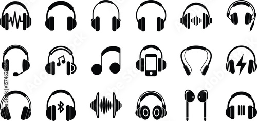 Headphones, headset silhouette icon set, iverse headphone Styles, Audio, Music Listening vector on white background.