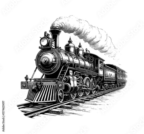 Vintage Steam Train Engraving with Smoke on Tracks in Black and White Detailed Line Art