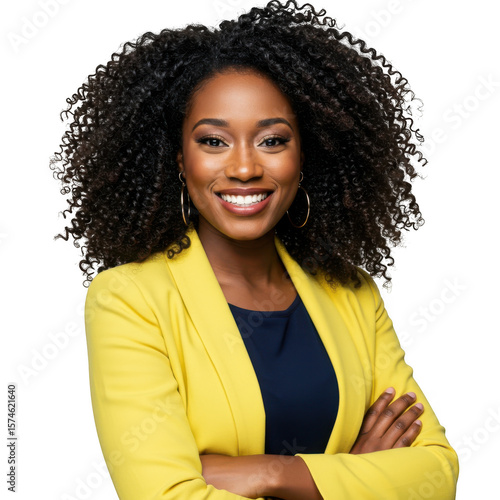 Smiling woman in yellow blazer with crossed arms isolated on transparent background