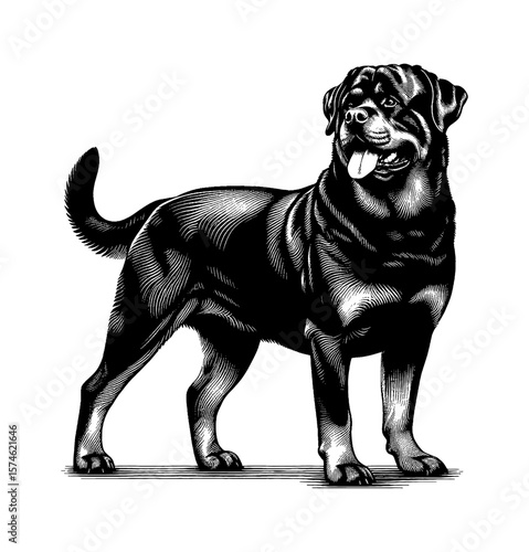 Engraved Portrait of Rottweiler Dog Standing Sideways with Tongue Out on White Background