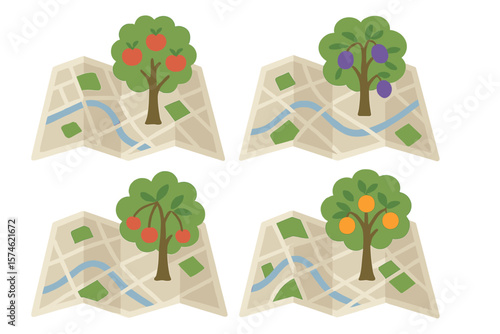 Maps depicting fruit trees in a park layout with a flowing river and green spaces during a sunny day