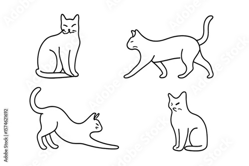 Different poses of playful cats illustrated in simple line art style, showcasing their unique expressions and movements