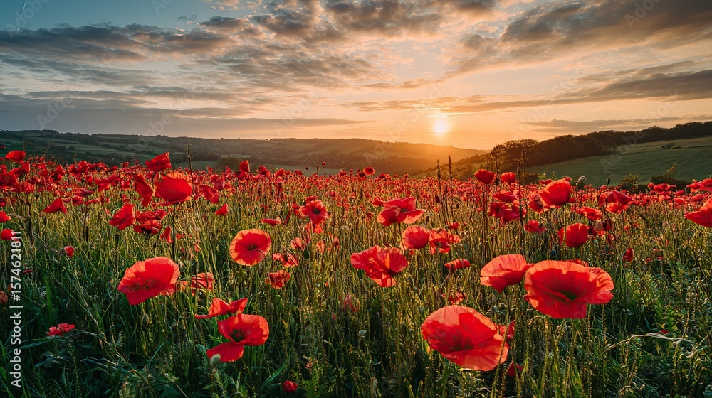 Fototapeta premium Red flower fields at sunset, mountains, blue sky, white clouds; The blooming flowers form an endless sea of red in the golden light, and only the petals of the wind and sand focus on the flowers.