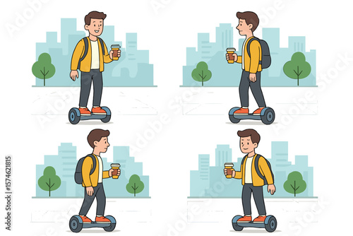 Young man riding a hoverboard in the city while holding a coffee cup during the day
