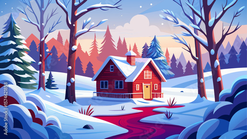 Tranquil winter landscape featuring a charming red cottage nestled in a snowy field, surrounded by snow-covered trees under a soft, overcast sky. Peaceful and cozy seasonal atmosphere.