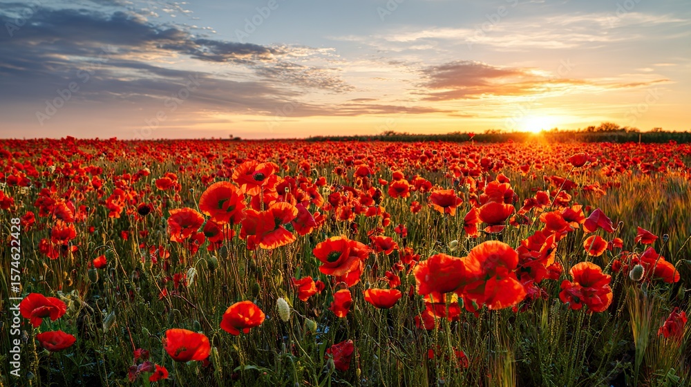 Fototapeta premium Red flower fields at sunset, mountains, blue sky, white clouds; The blooming flowers form an endless sea of red in the golden light, and only the petals of the wind and sand focus on the flowers.