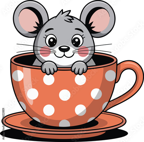 Cute mouse cartoon illustration inside a teacup with polka dots transparent png vector