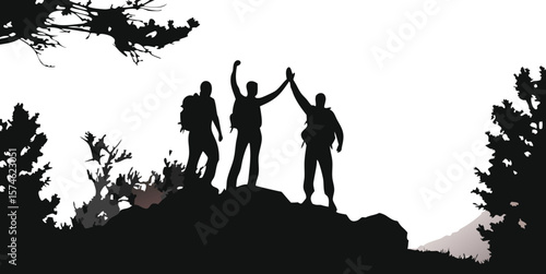 Hikers Silhouette Celebrating Success on Mountain Top, Landscape 