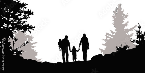 A black silhouette of a family hiking on a trail with Father, Mom and Sun, Grass and Trees in Background 