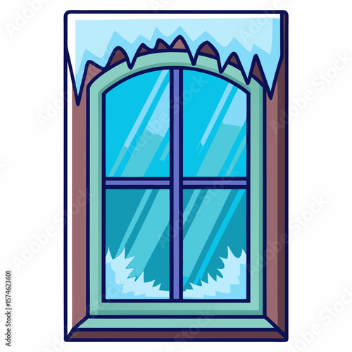 Winter window view with snow and ice illustration for christmas holiday season decoration on transparent background