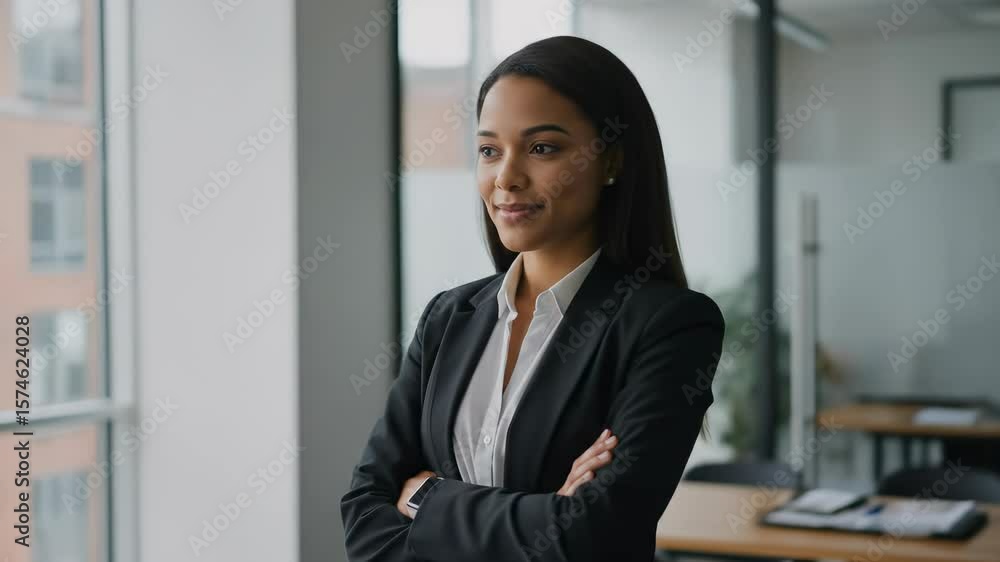 Confident young businesswoman smiles in modern office, showcasing professional success and ambition with arms crossed. Confident young businesswoman smiles in modern office, showcasing professional success and ambition with arms crossed.