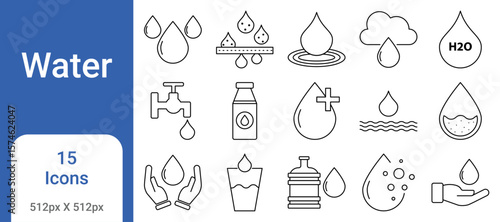Water Icon Set – Salt Water, Tap, Purified, Distilled, Sparkling, Mineral, Canned, Rain Water Icons

