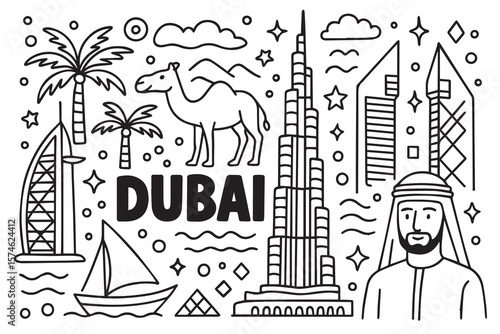 A black and white vector doodle background of Dubai city, with bold black outlines showing skyscrapers, mosques, and iconic architectural landmarks.

