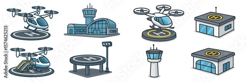 Various types of helicopters and helipads showcased in an urban environment illustrating modern air transport options