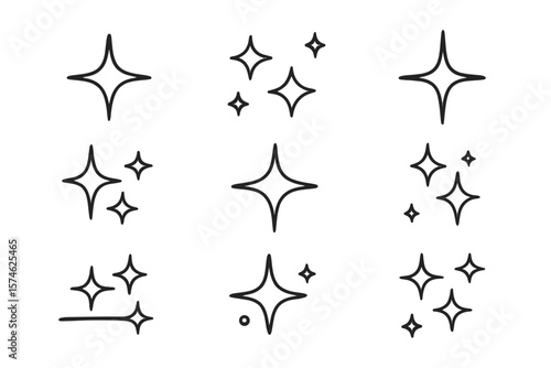 Unique hand-drawn star illustrations on a white background showcasing various sizes and shapes in a creative design