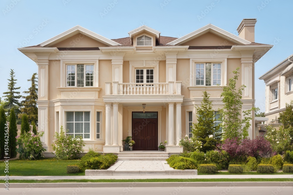 Elegant two-story home with a manicured lawn, blue sky, and a quiet, suburban feel Elegant two-story home with a manicured lawn, blue sky, and a quiet, suburban feel