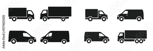 Various silhouettes of delivery trucks and vans arranged in a grid pattern for transportation design