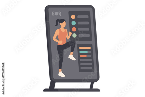 Digital fitness guide displays workout options for users in a modern exercise space during daylight hours