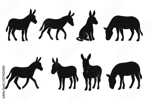 Silhouettes of donkeys in various poses showcasing their movements and habits in a simple artistic representation