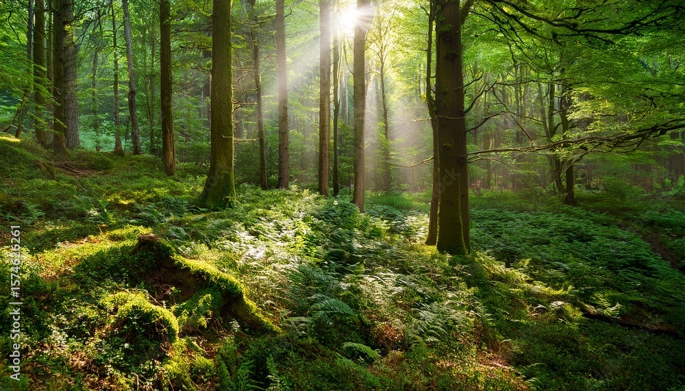 Obraz premium mysterious forest with lush green foliage and soft light rays