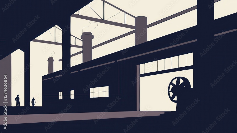 Obraz premium Silhouetted Figures in Industrial Warehouse with Steam and Machinery